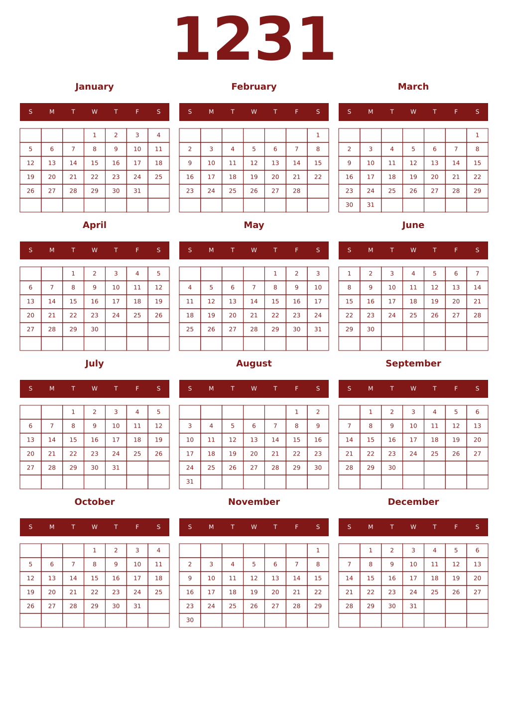 Printable 1231 Year Calendars falu