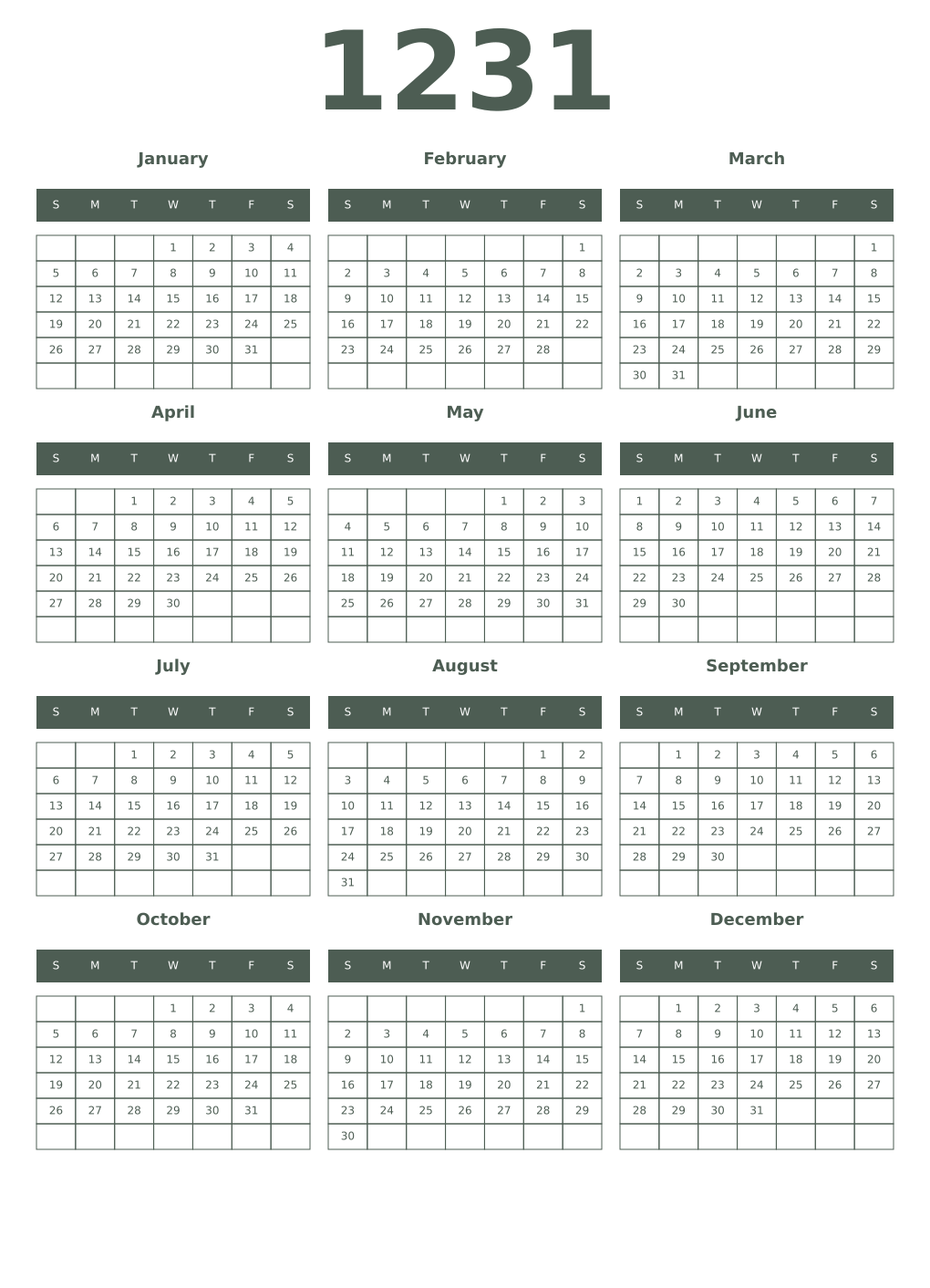 Printable 1231 Year Calendars feldgrau