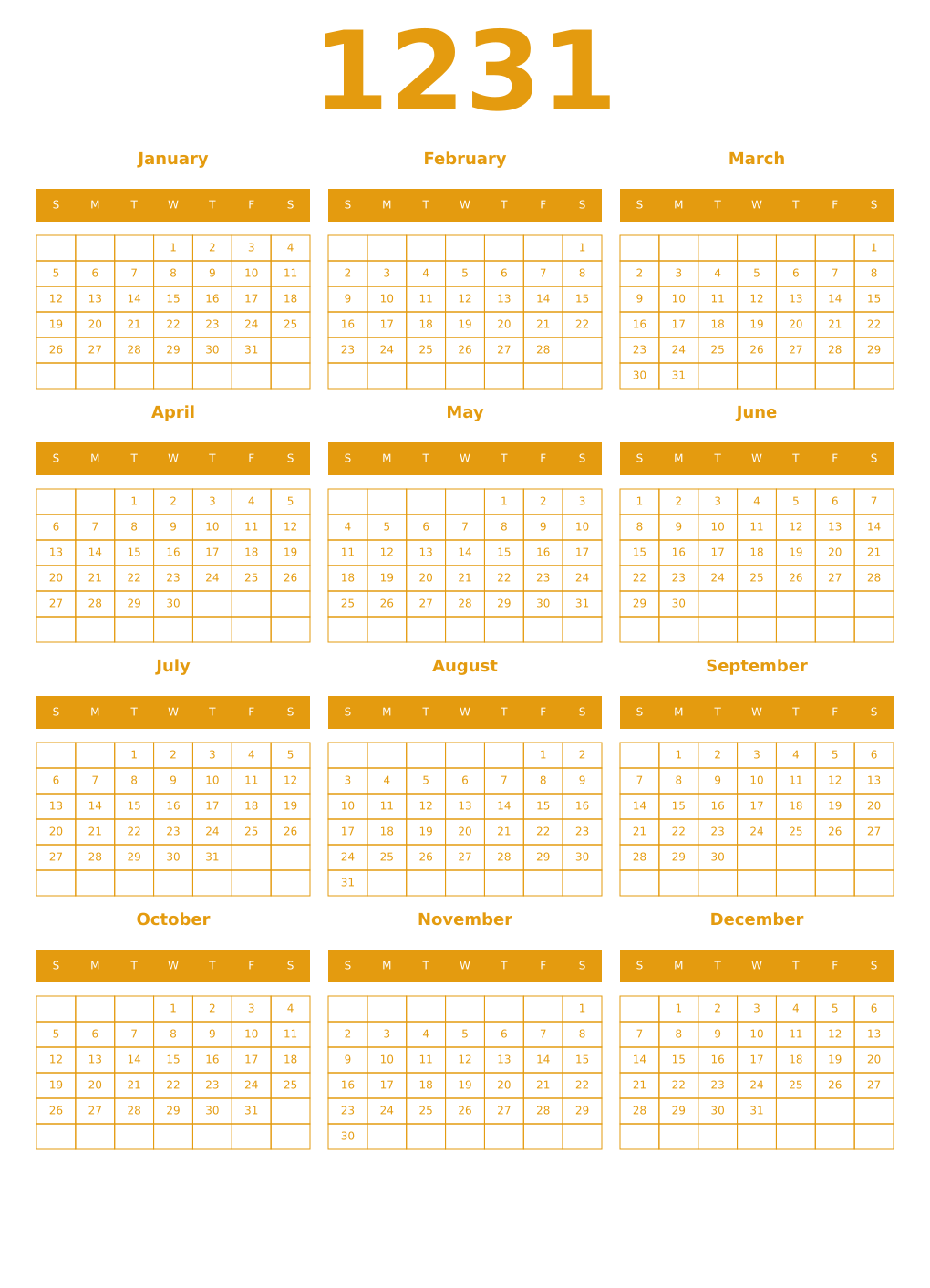 Printable 1231 Year Calendars gamboge