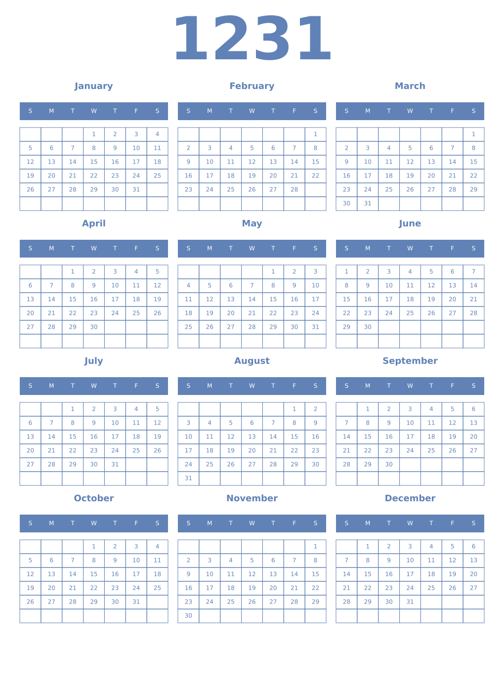 Printable 1231 Year Calendars glaucous