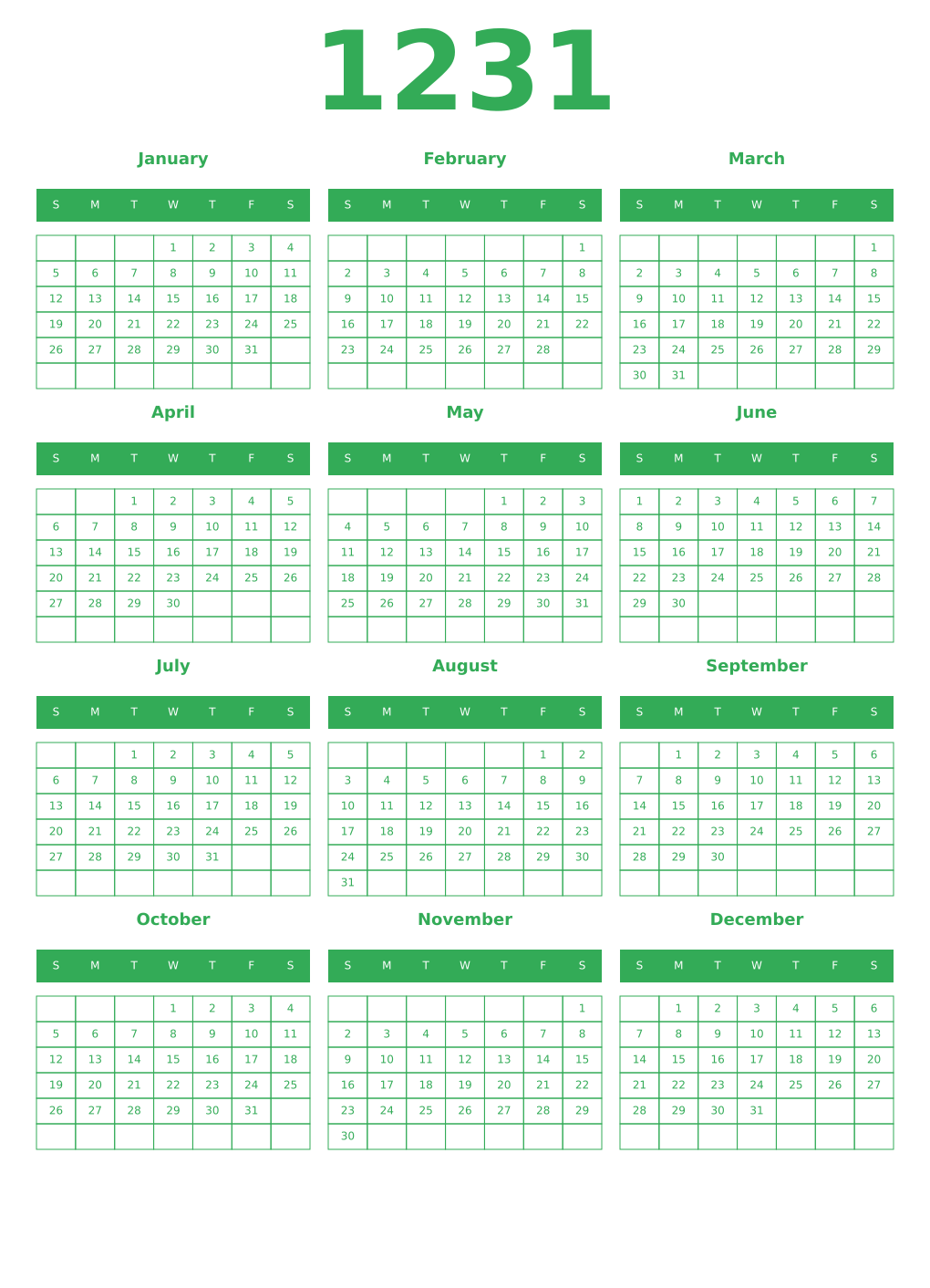 Printable 1231 Year Calendars green