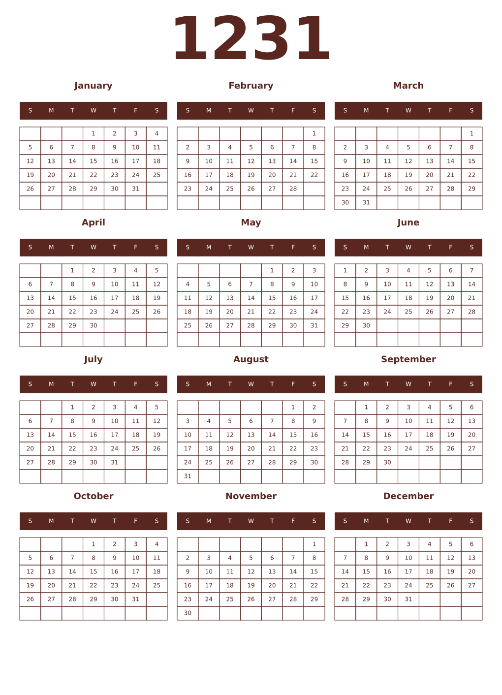 Printable 1231 Year Calendars mortuum
