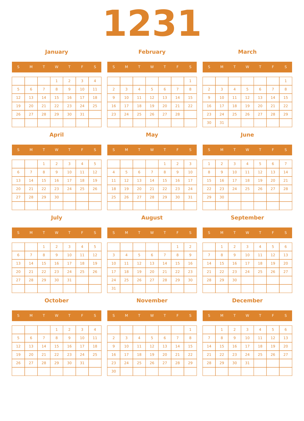 Printable 1231 Year Calendars orange