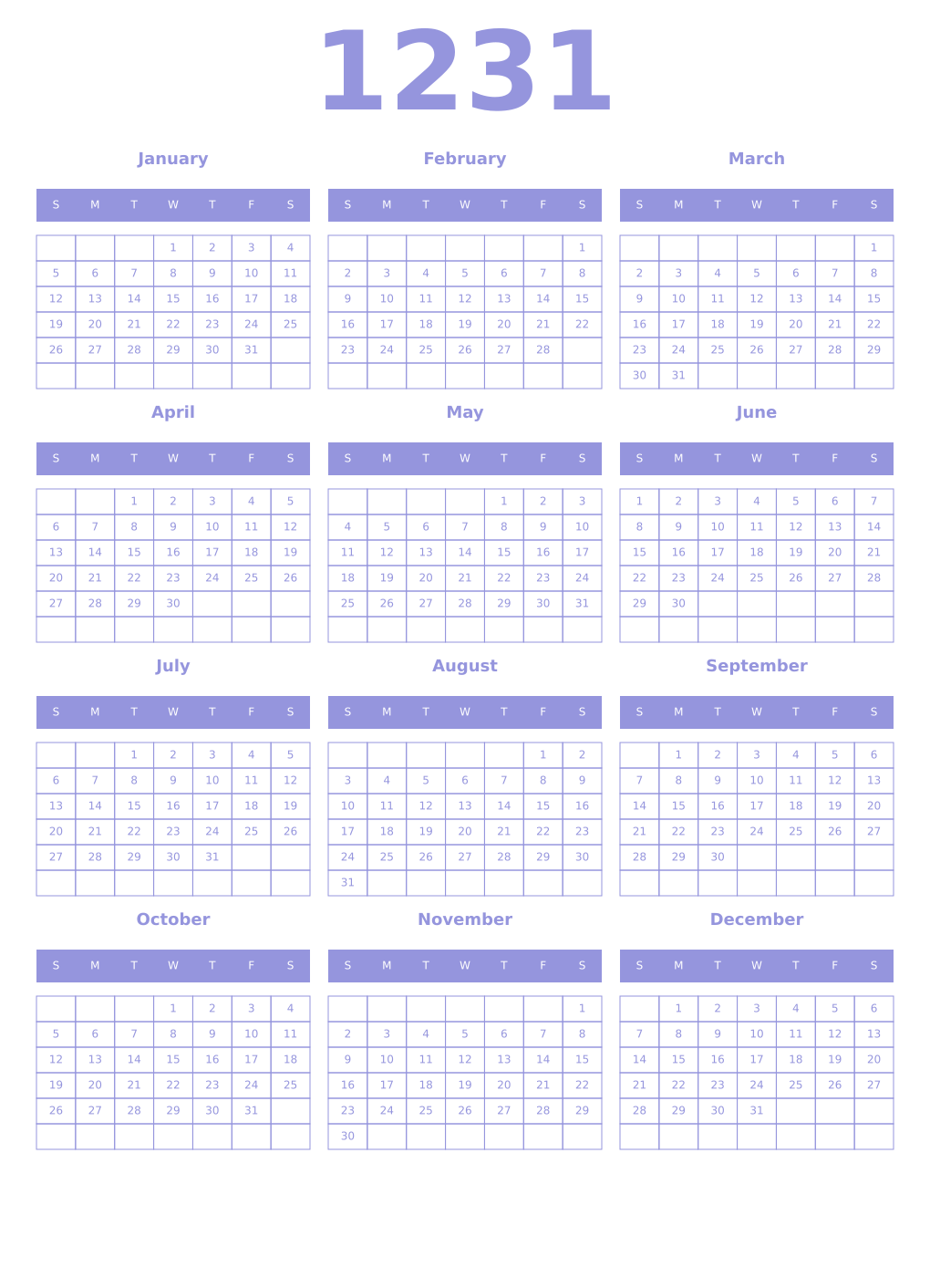 Printable 1231 Year Calendars periwinkle