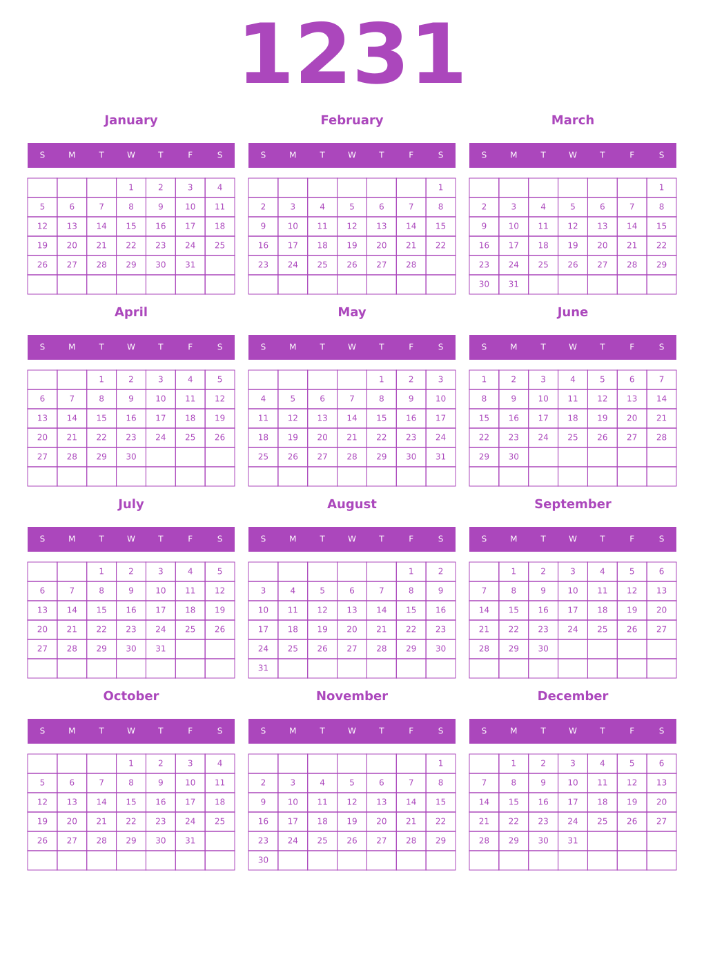 Printable 1231 Year Calendars purple