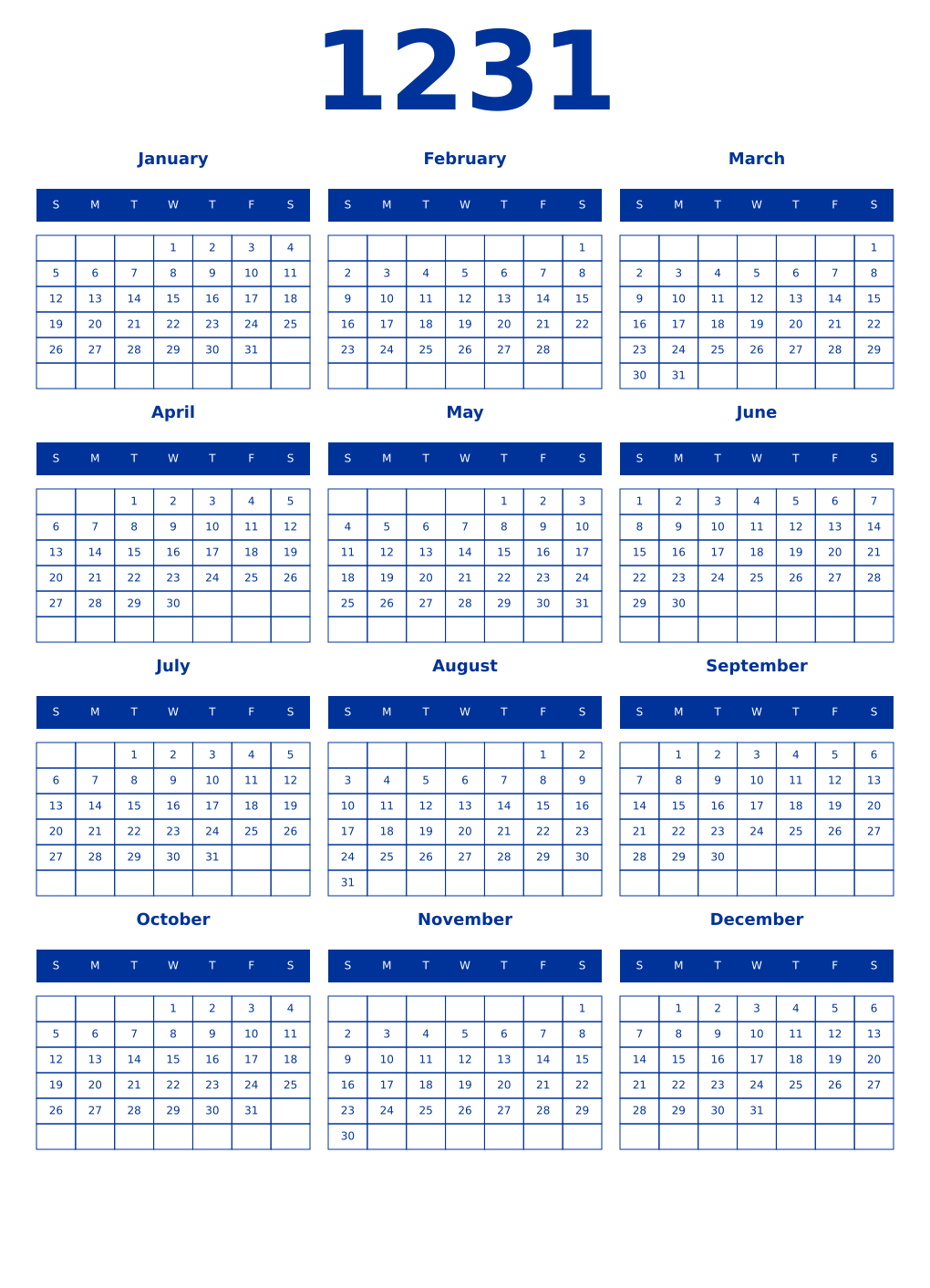 Printable 1231 Year Calendars smalt
