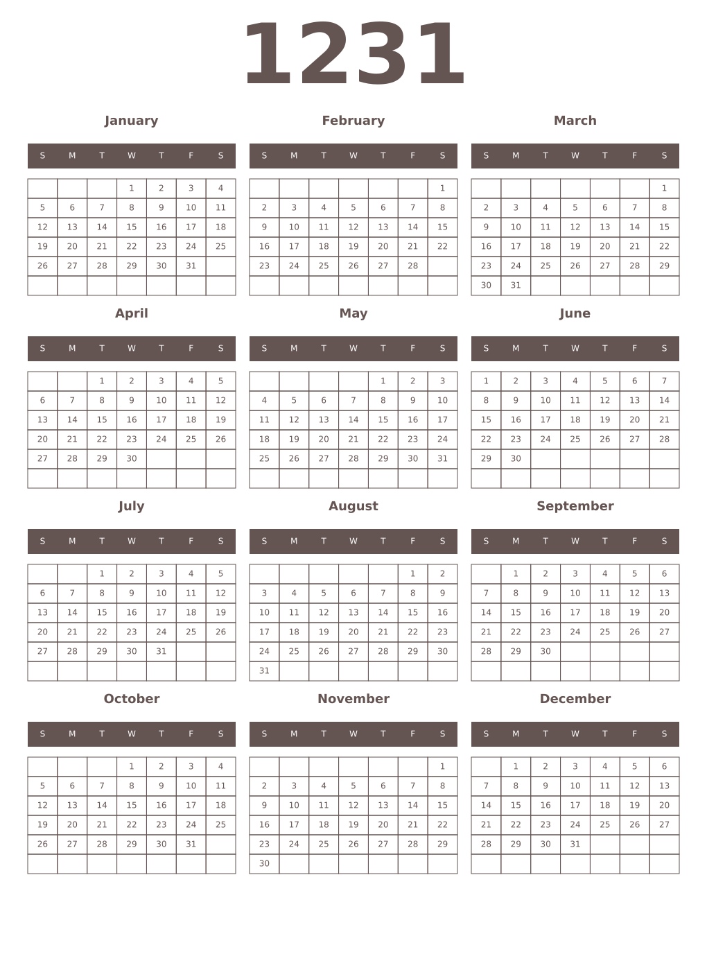 Printable 1231 Year Calendars wenge