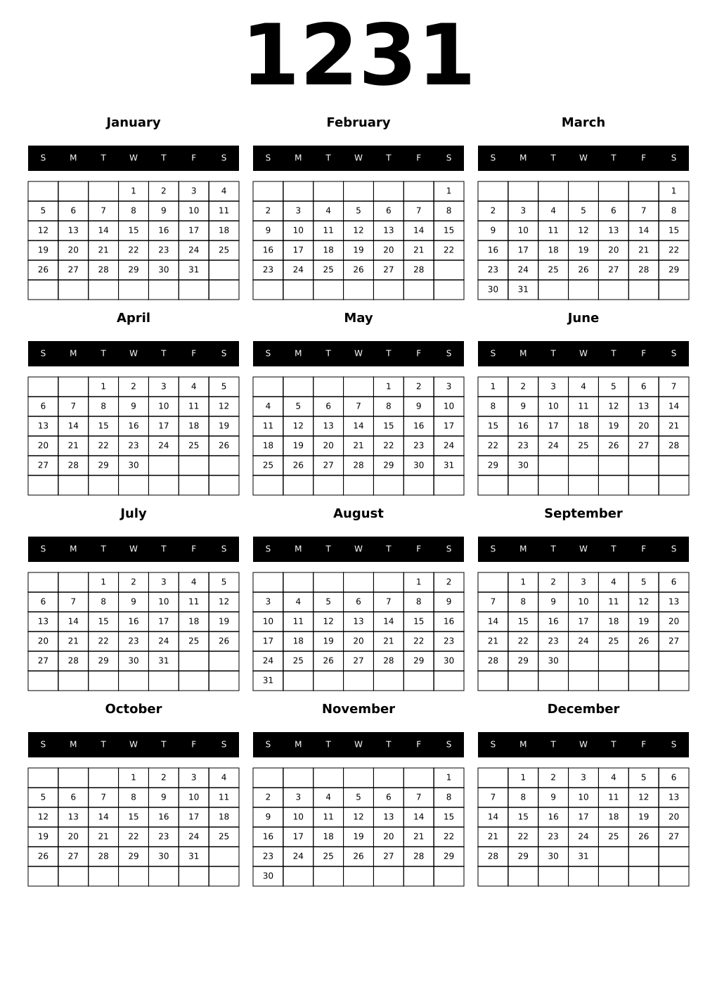 Printable 1231 Calendars