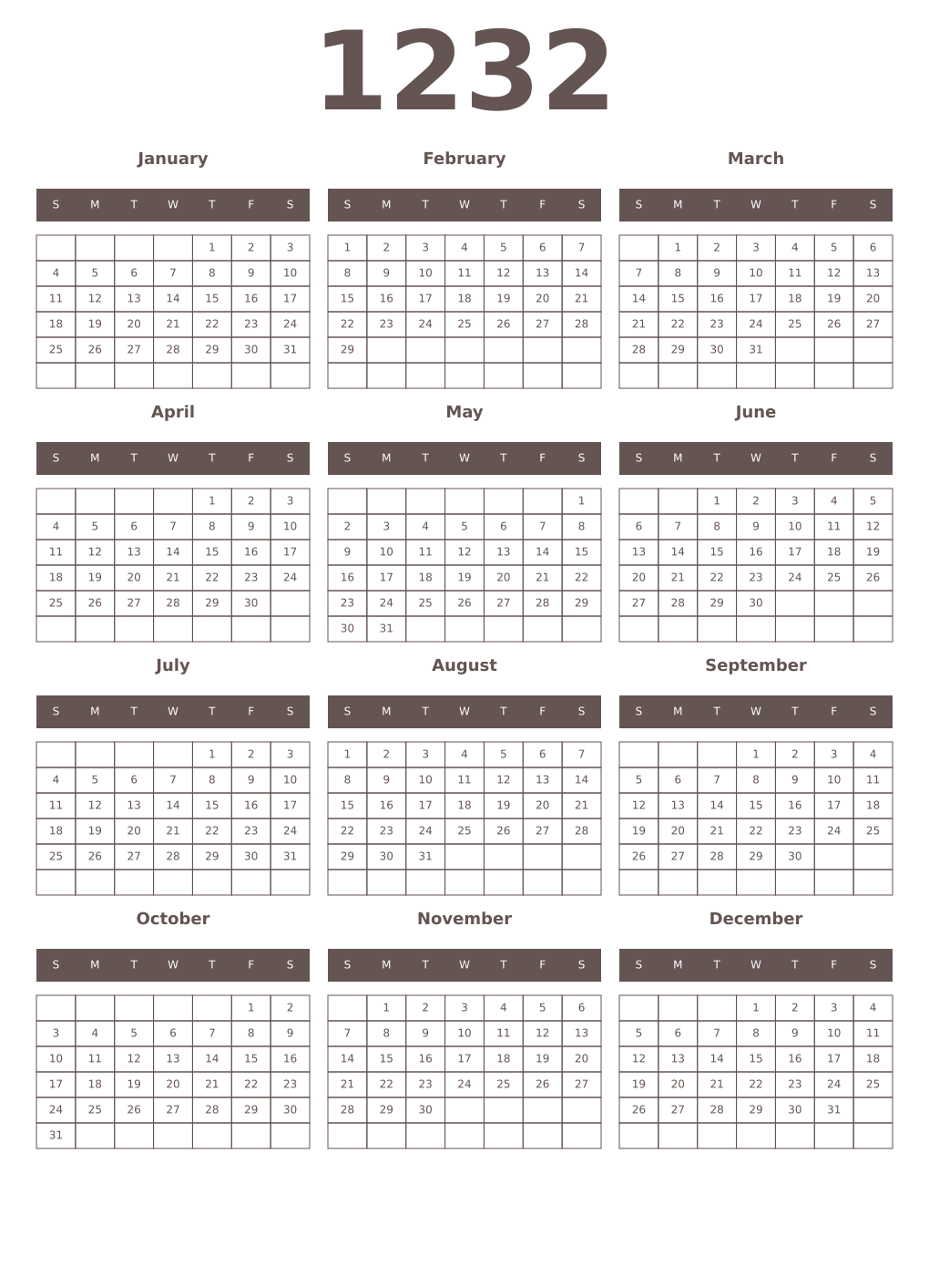 Printable 1232 Year Calendars wenge