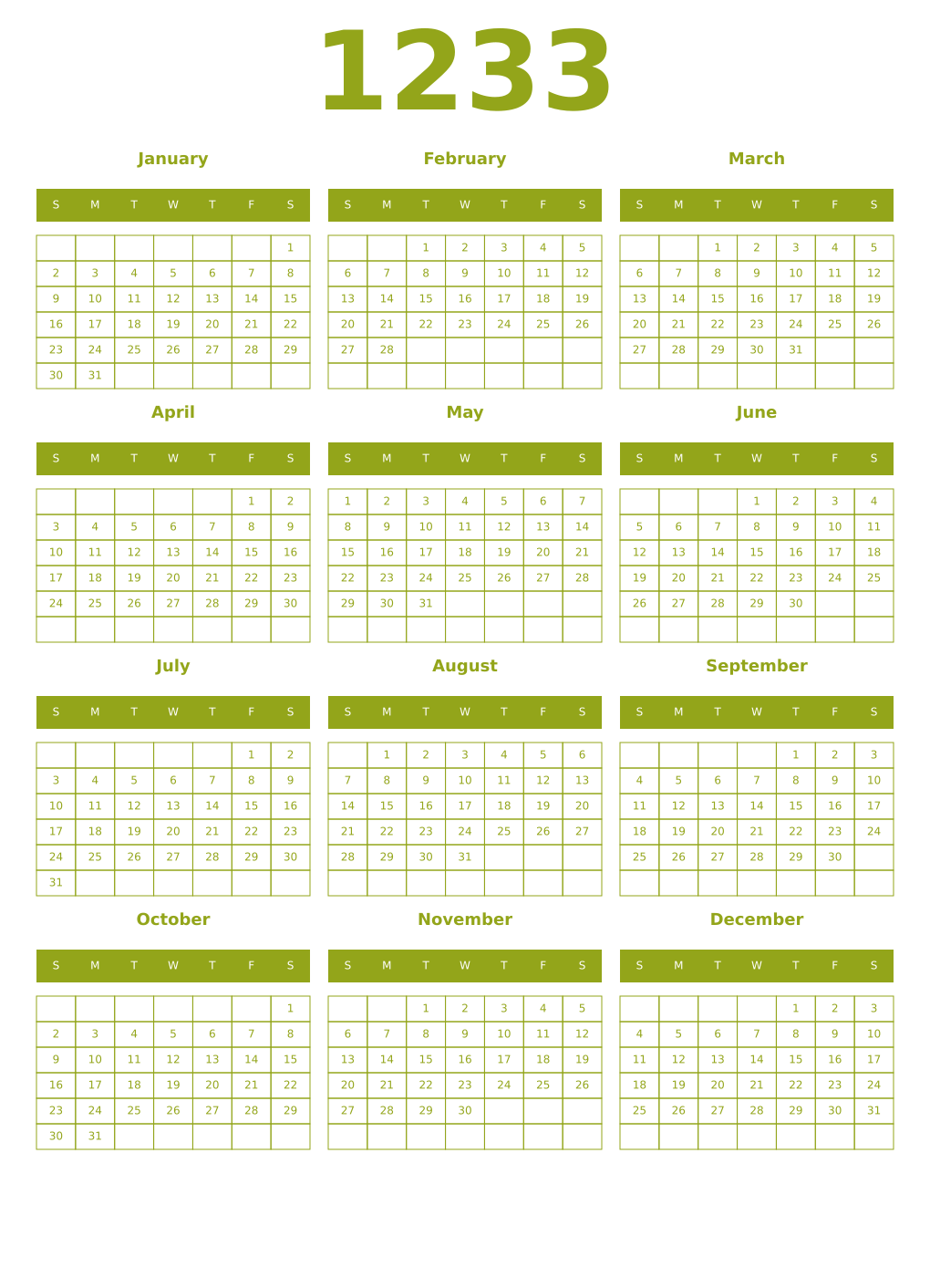 Printable 1233 Year Calendars chartreuse