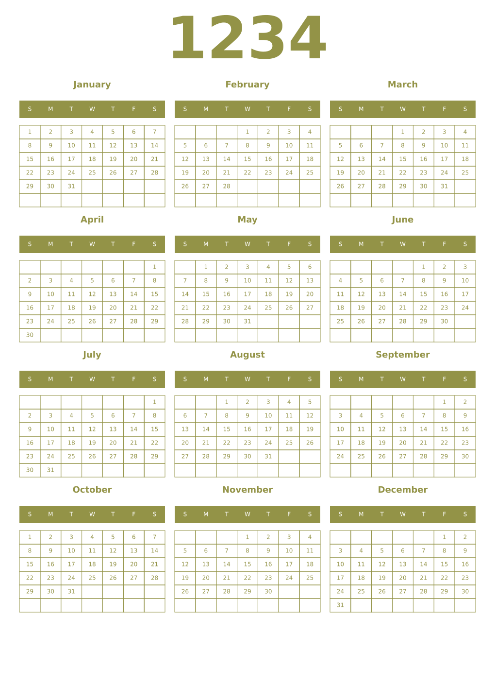 Printable 1234 Year Calendars eburnean