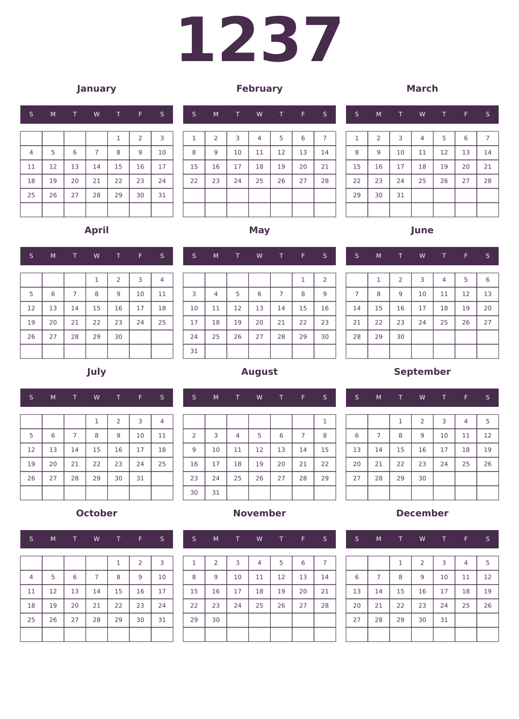 Printable 1237 Year Calendars aubergine