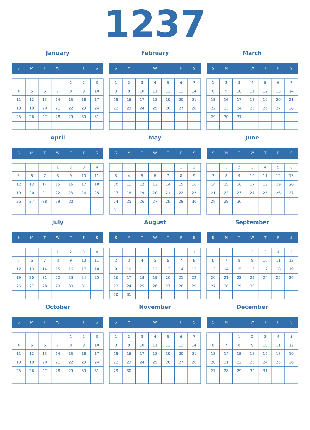 Printable 1237 Year Calendars blue