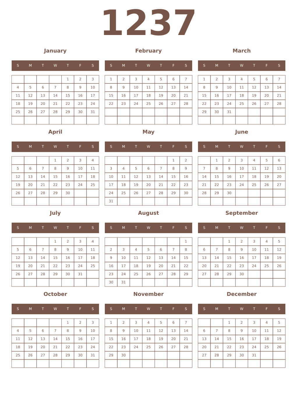 Printable 1237 Year Calendars coffe