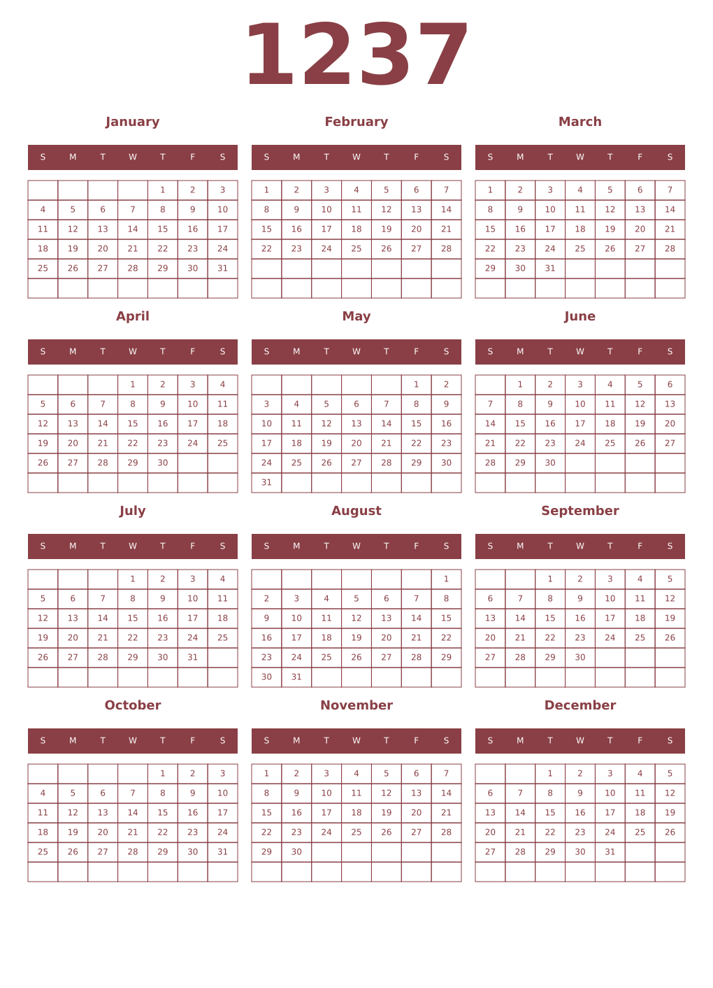 Printable 1237 Year Calendars cordovan