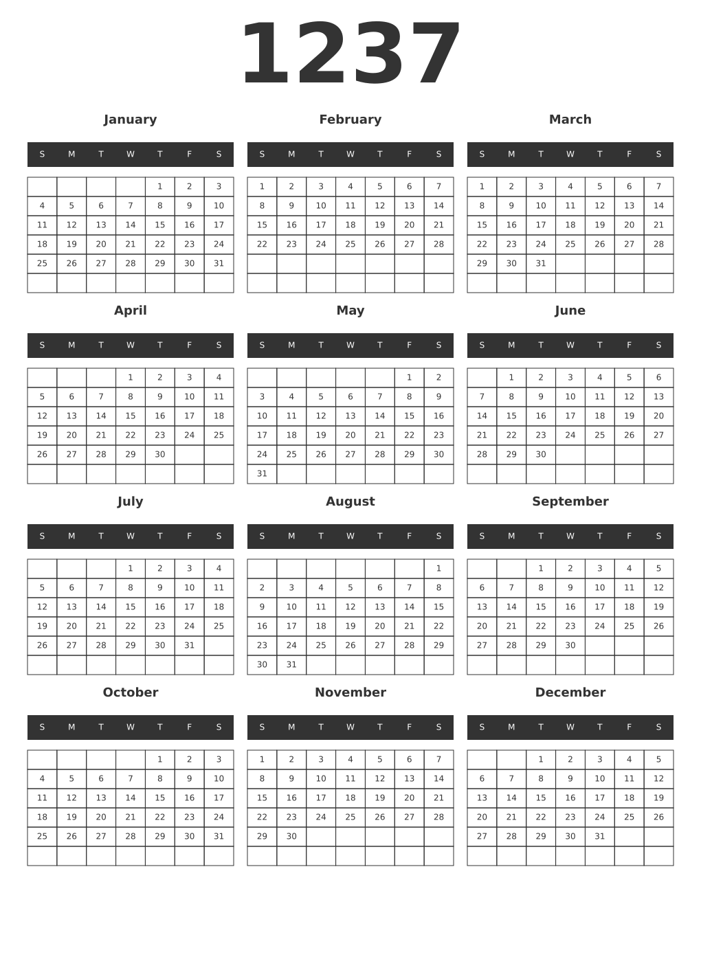 Printable 1237 Year Calendars dark