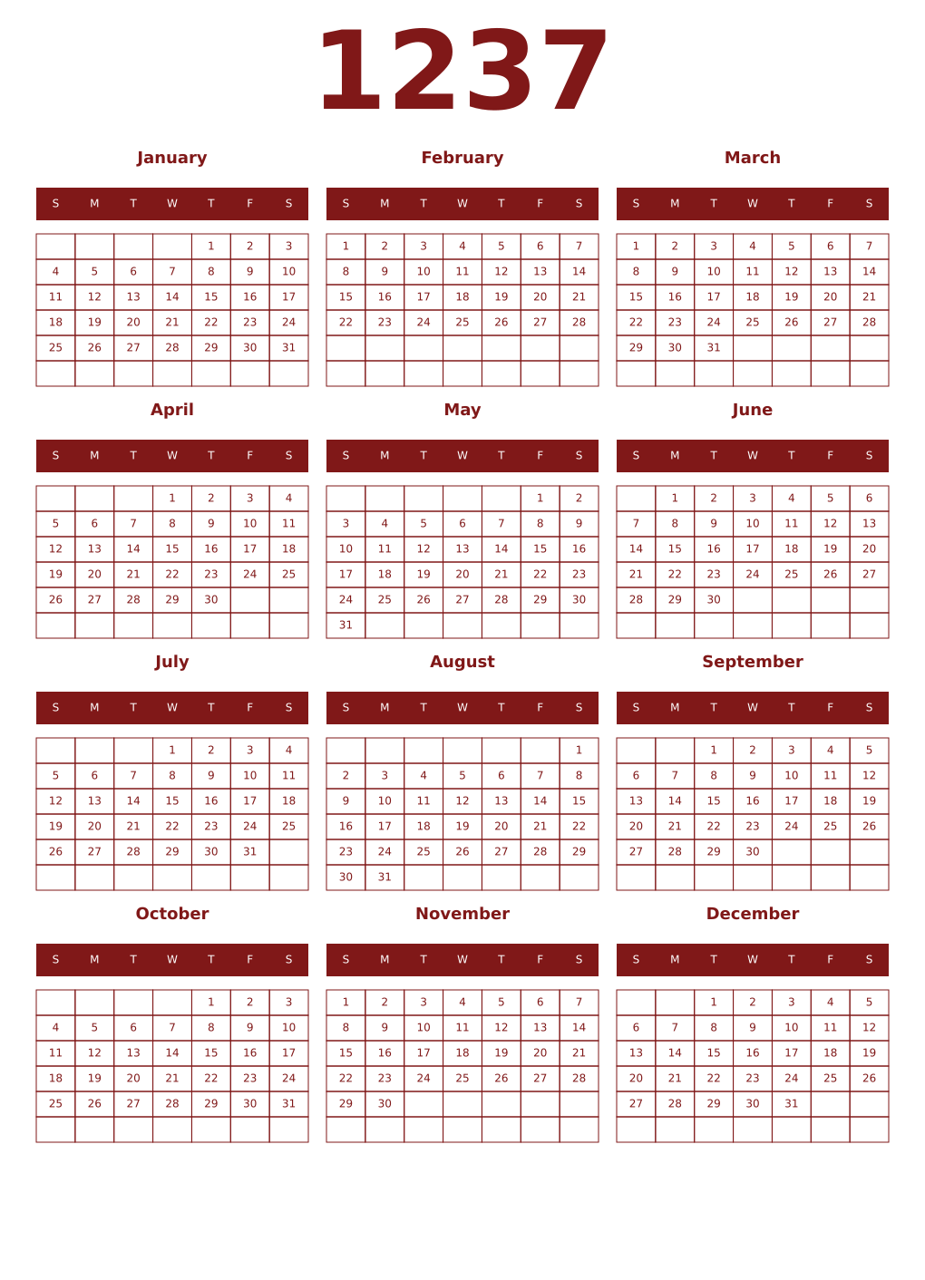 Printable 1237 Year Calendars falu