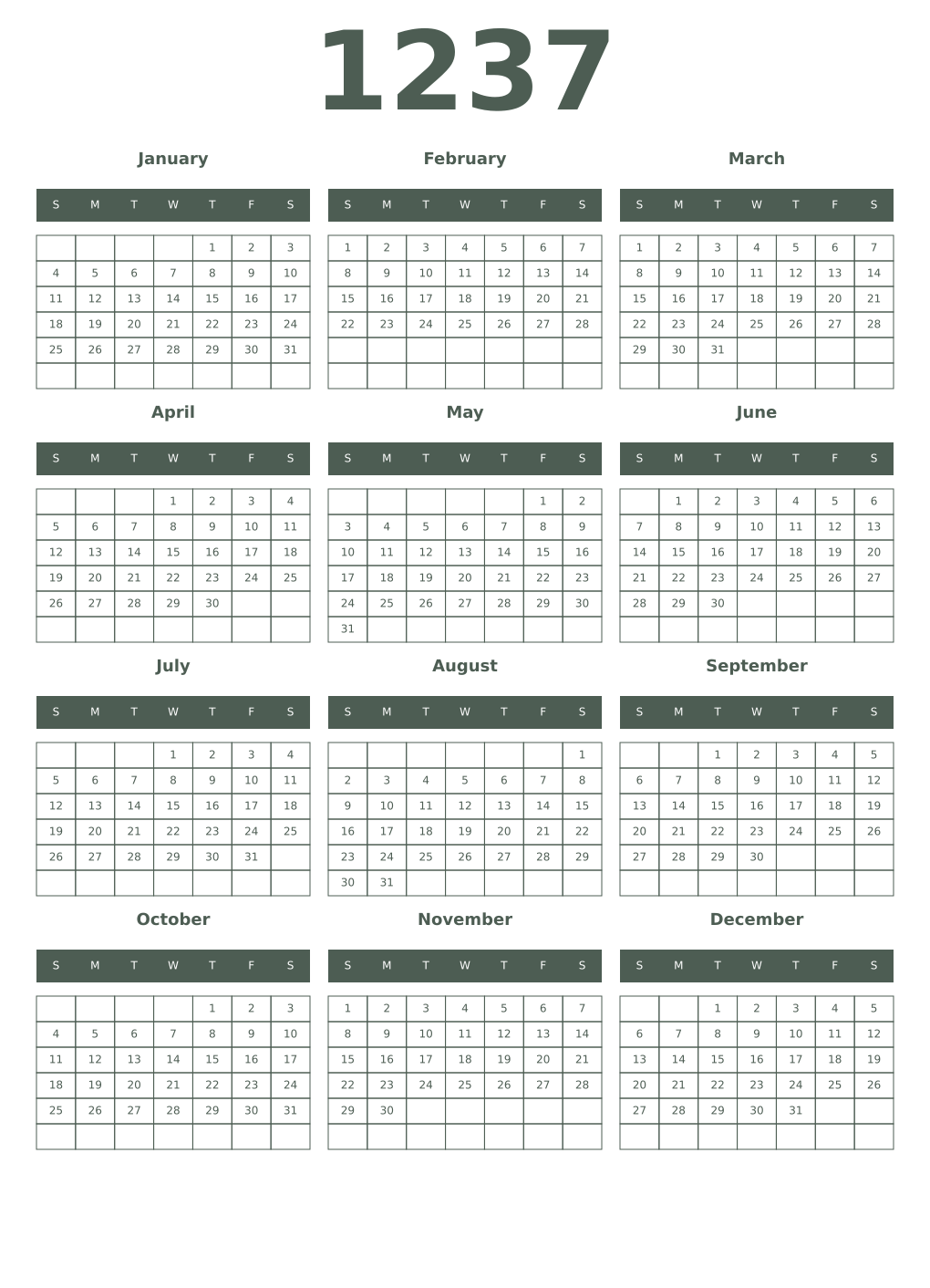 Printable 1237 Year Calendars feldgrau