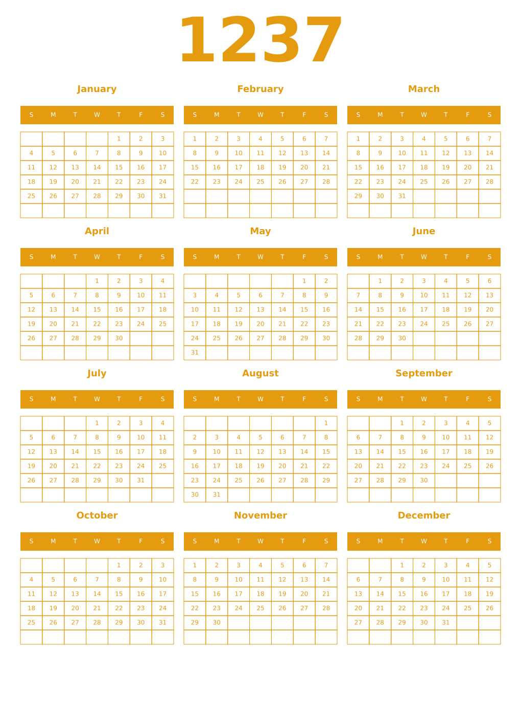 Printable 1237 Year Calendars gamboge