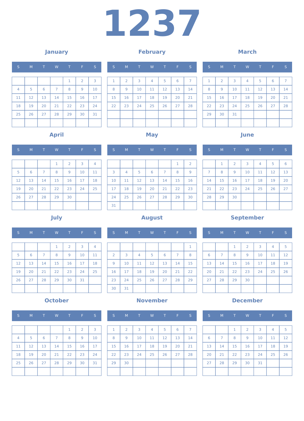 Printable 1237 Year Calendars glaucous