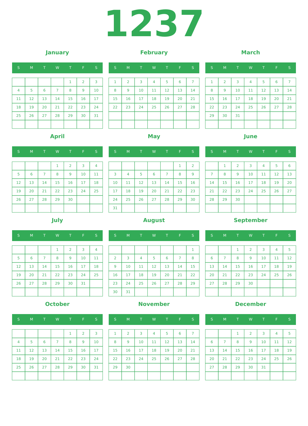 Printable 1237 Year Calendars green