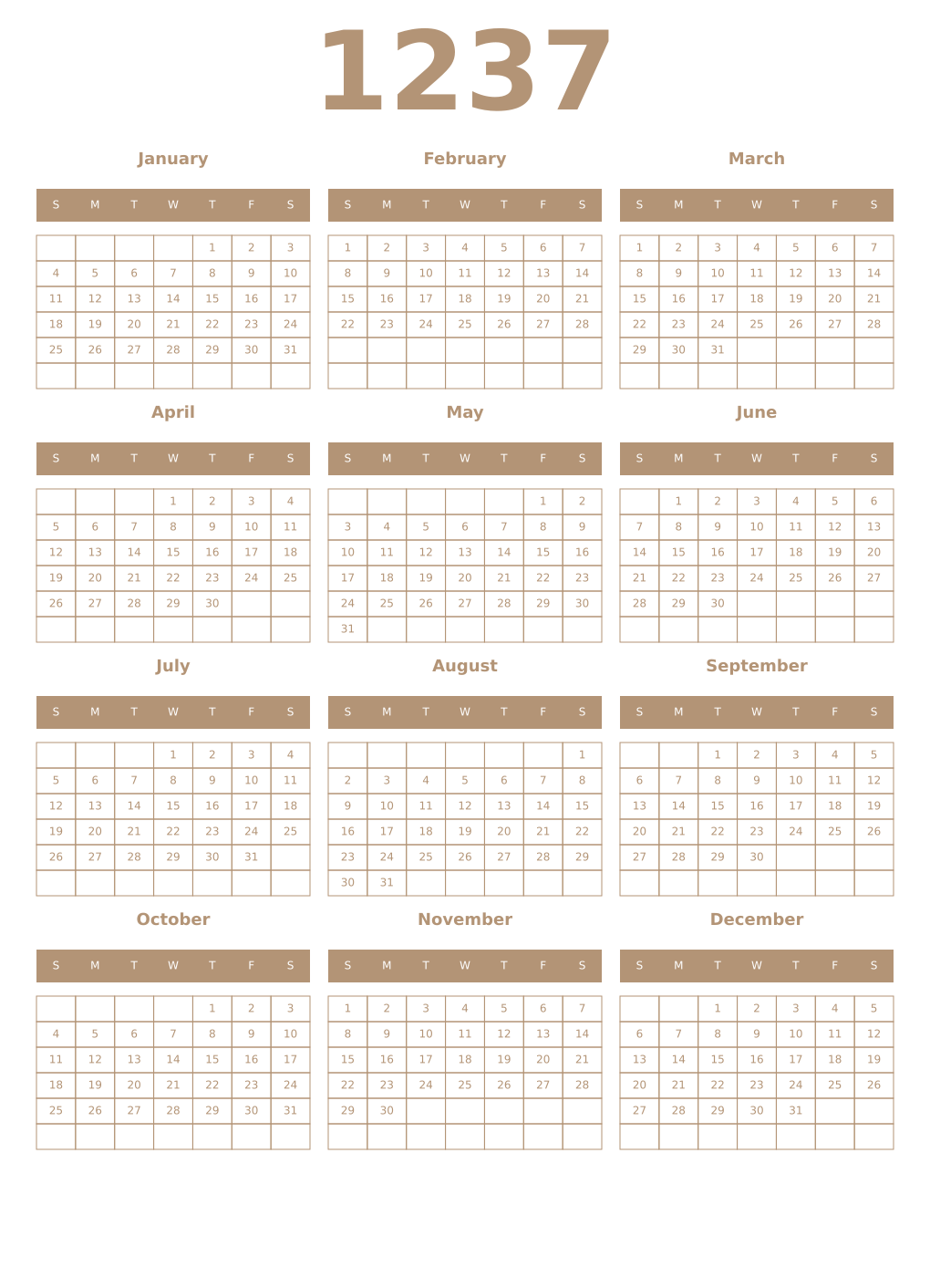 Printable 1237 Year Calendars isabelline