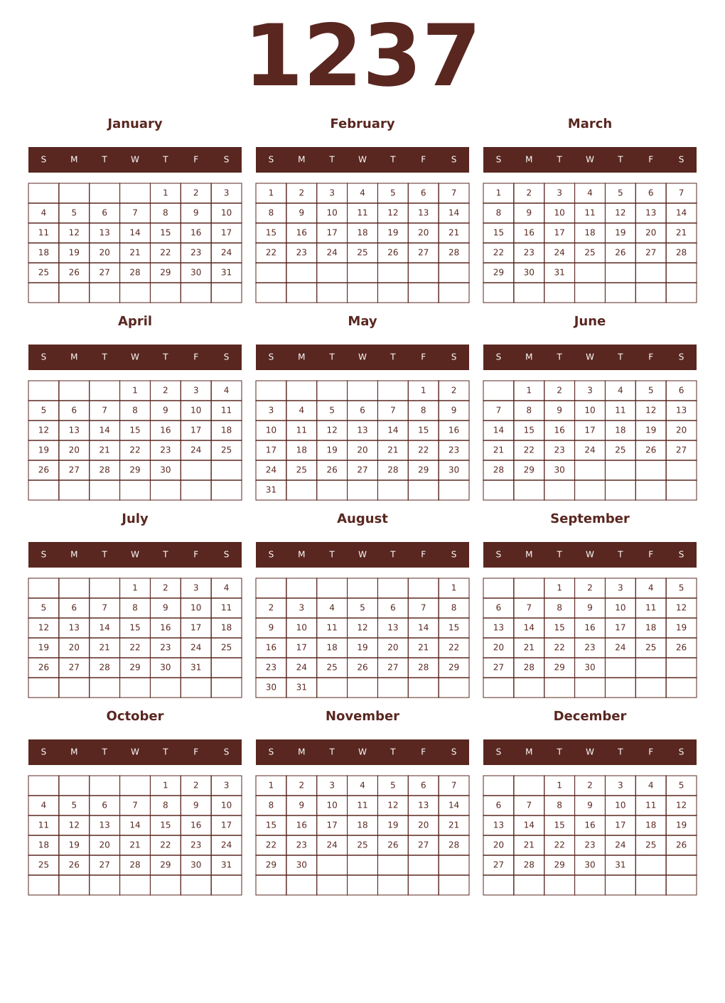 Printable 1237 Year Calendars mortuum