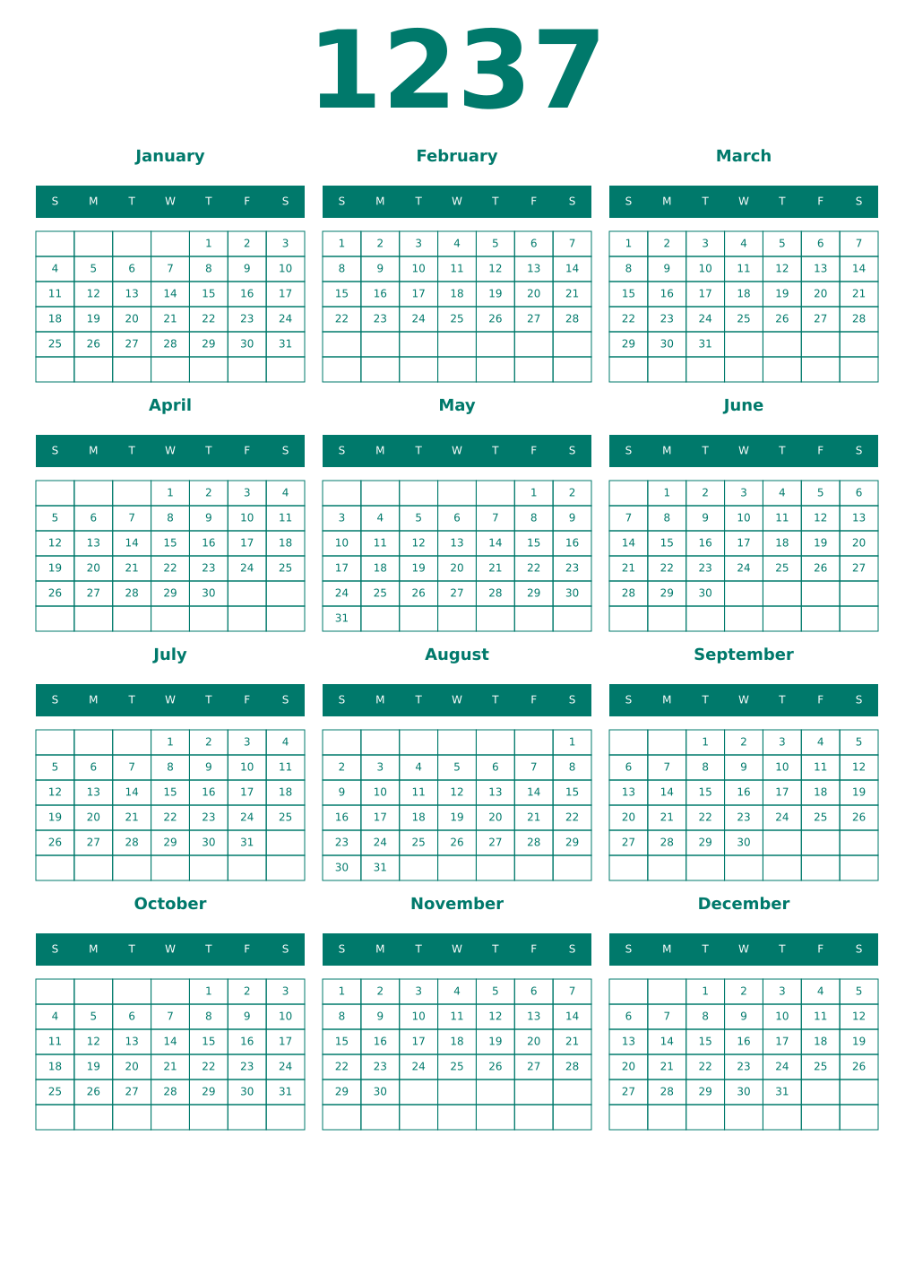 Printable 1237 Year Calendars pastel
