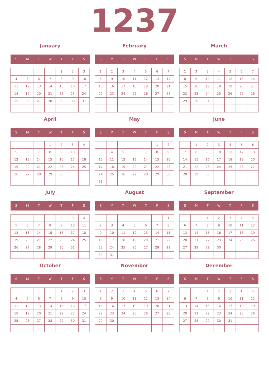 Printable 1237 Year Calendars puce