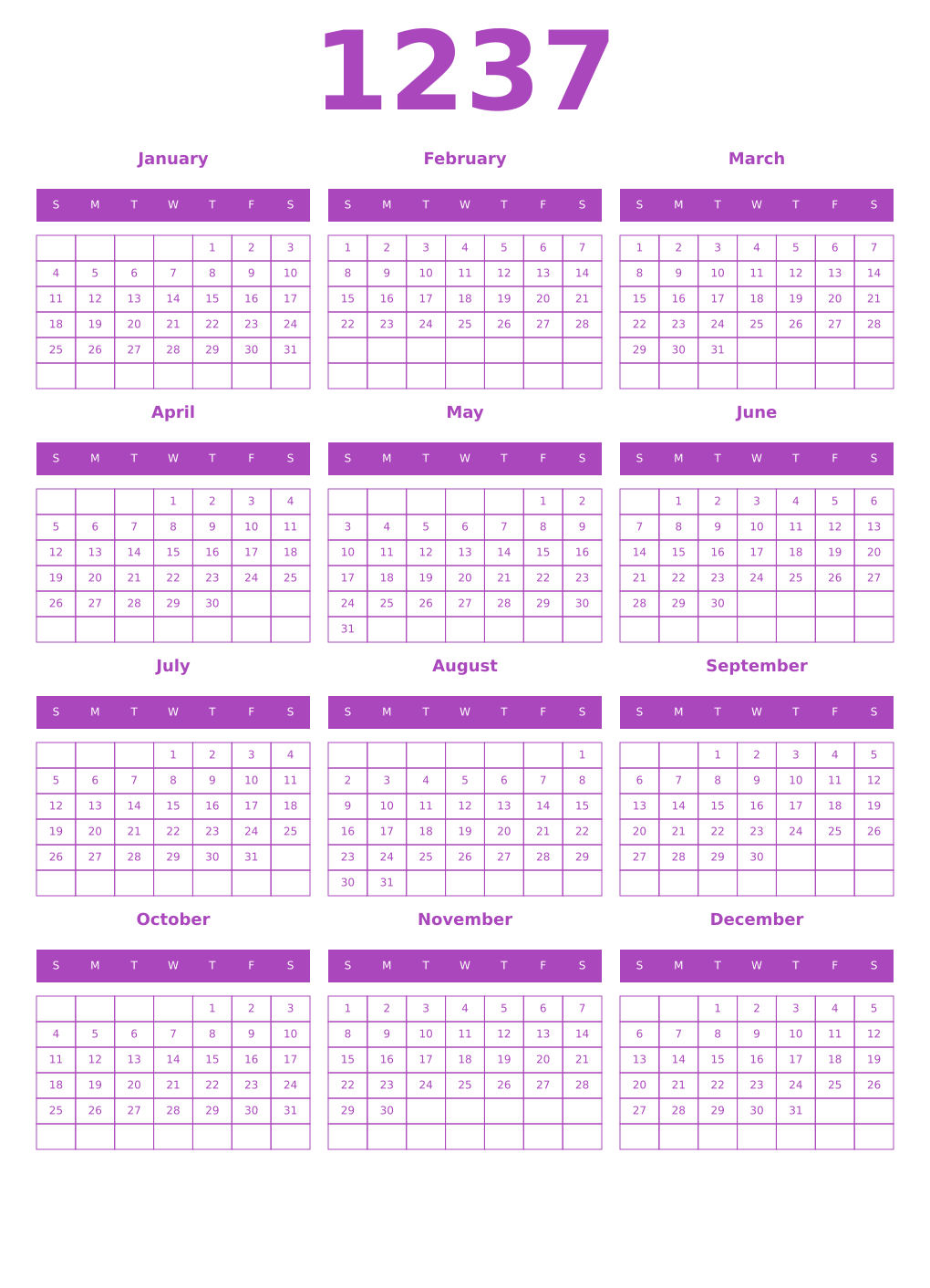 Printable 1237 Year Calendars purple