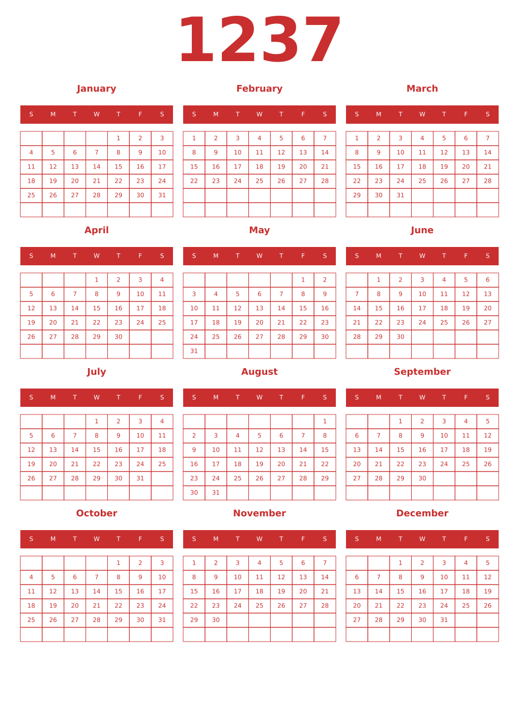 Printable 1237 Year Calendars red
