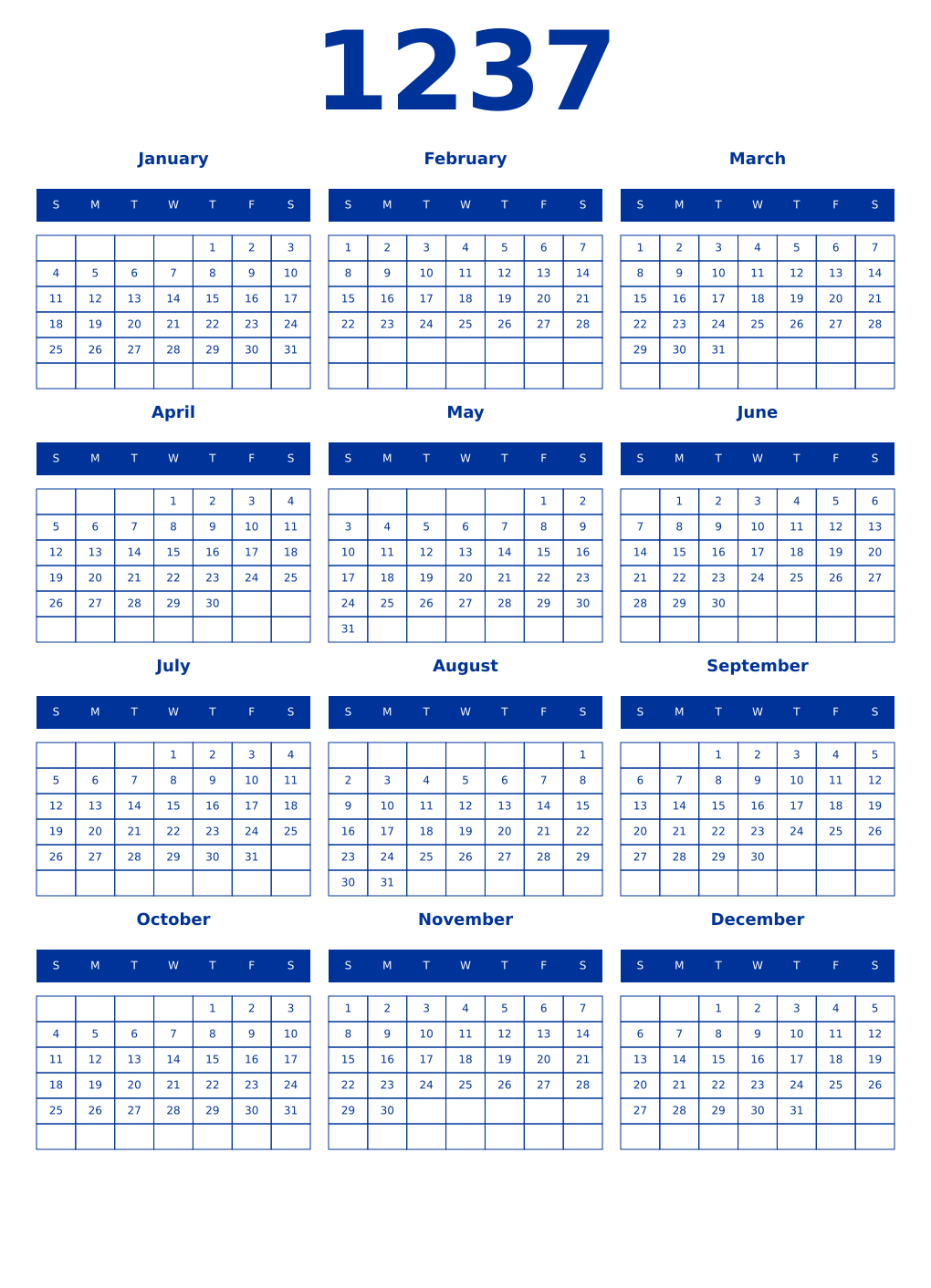 Printable 1237 Year Calendars smalt