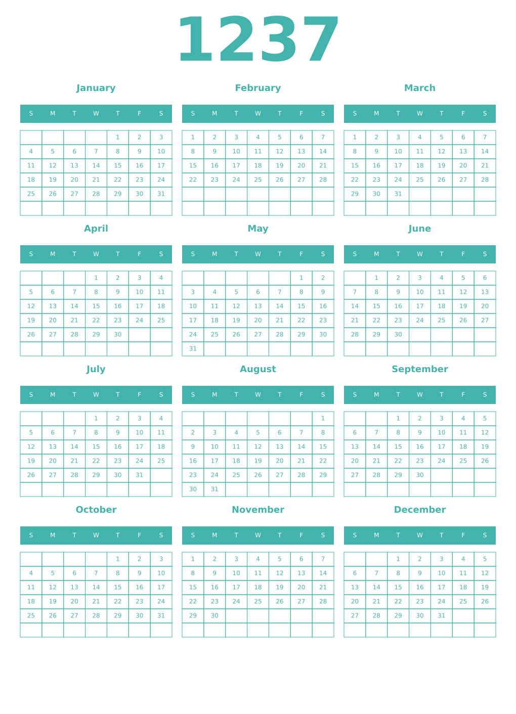 Printable 1237 Year Calendars verdigris