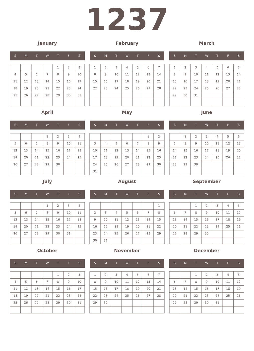 Printable 1237 Year Calendars wenge