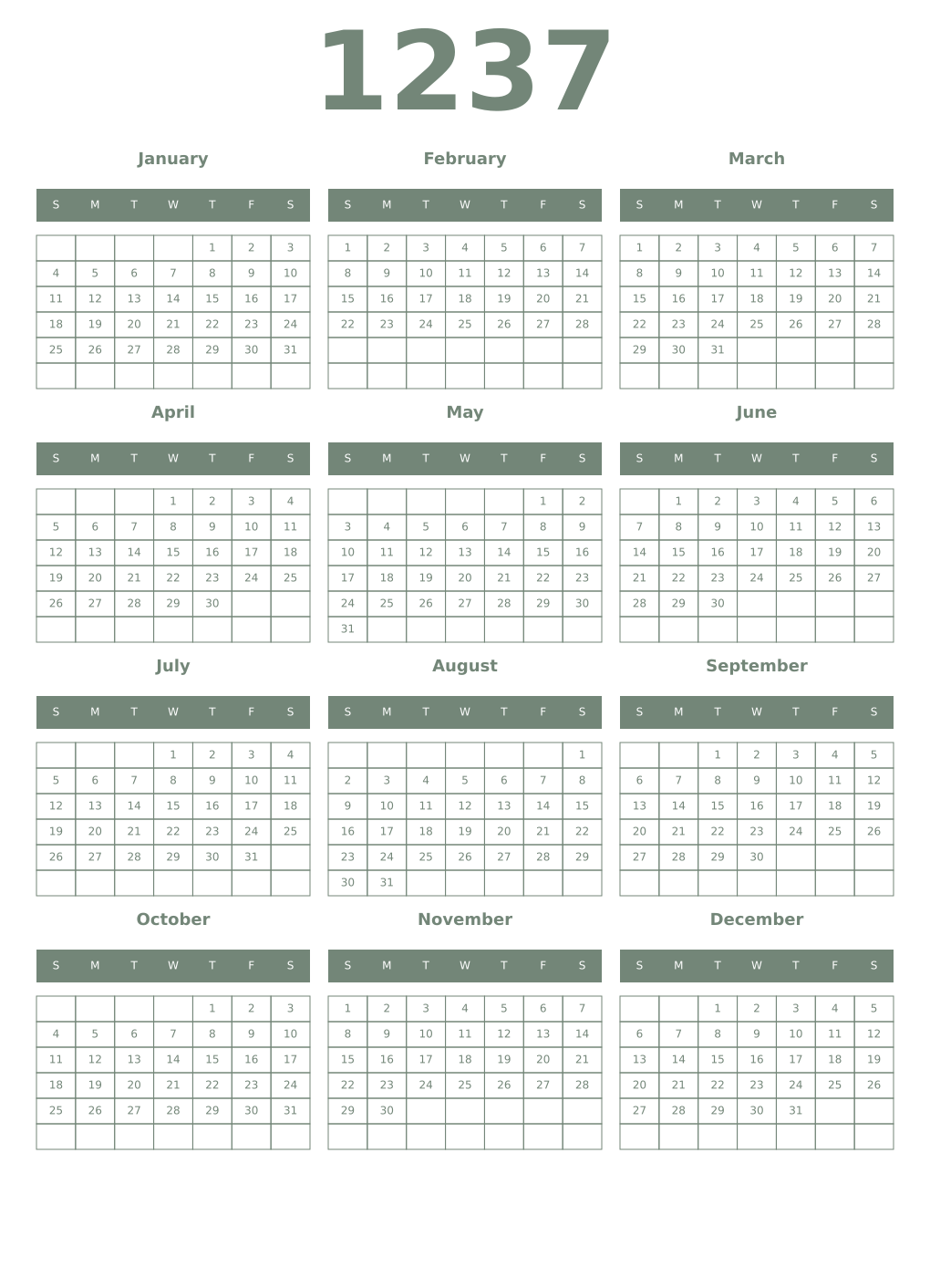 Printable 1237 Year Calendars xanadu