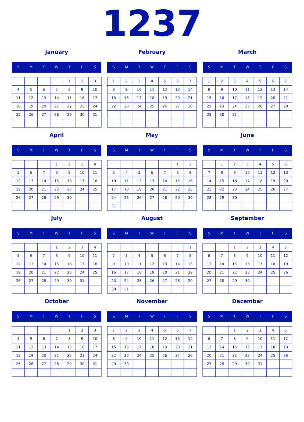 Printable 1237 Year Calendars zaffre