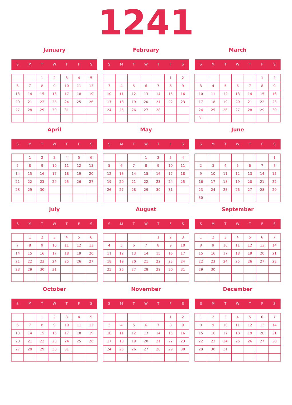 Printable 1241 Year Calendars amaranth