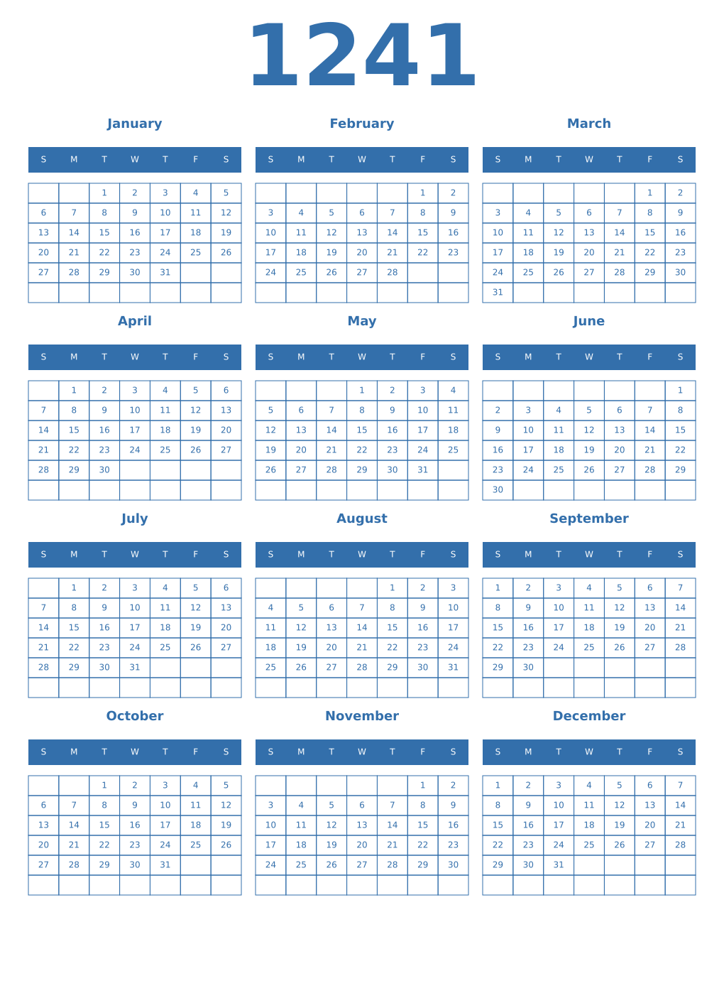 Printable 1241 Year Calendars blue