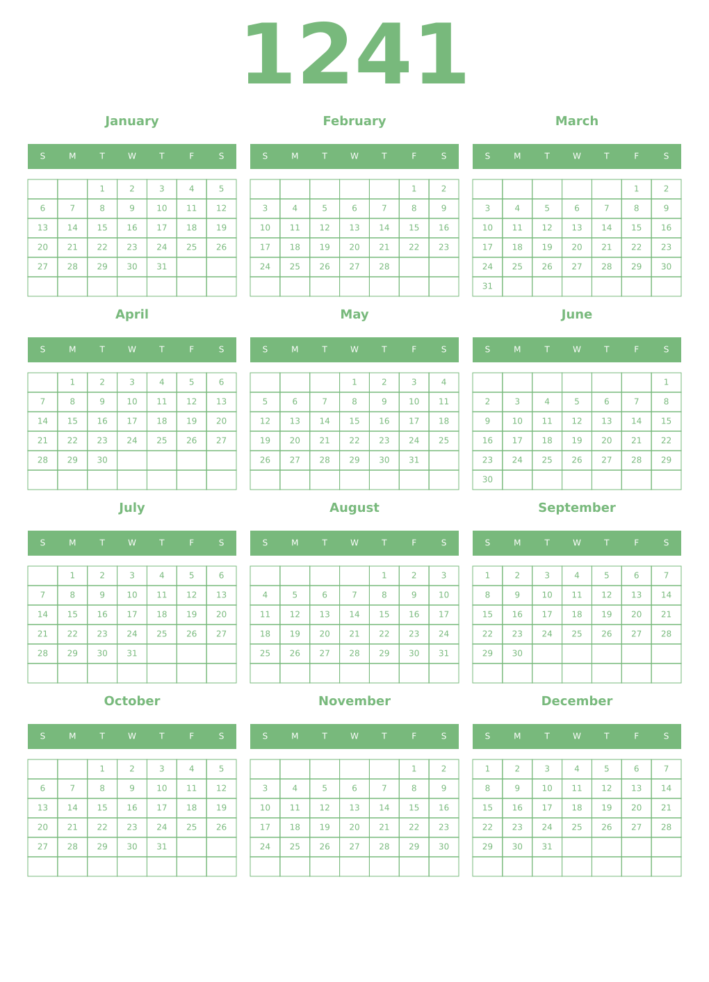 Printable 1241 Year Calendars celadon