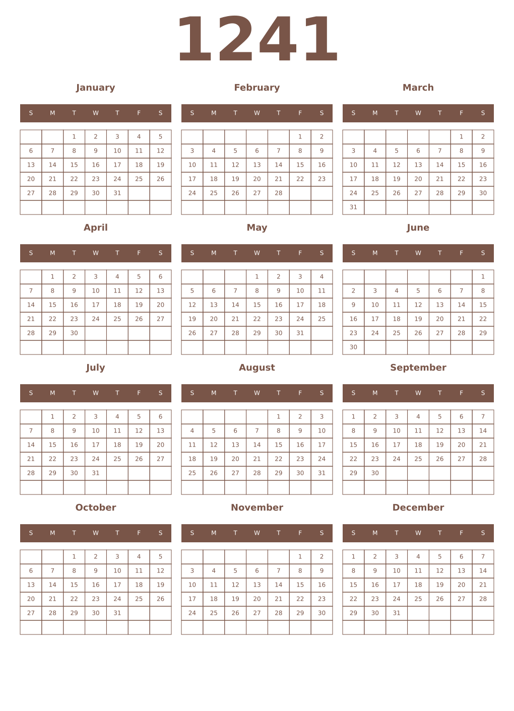 Printable 1241 Year Calendars coffe