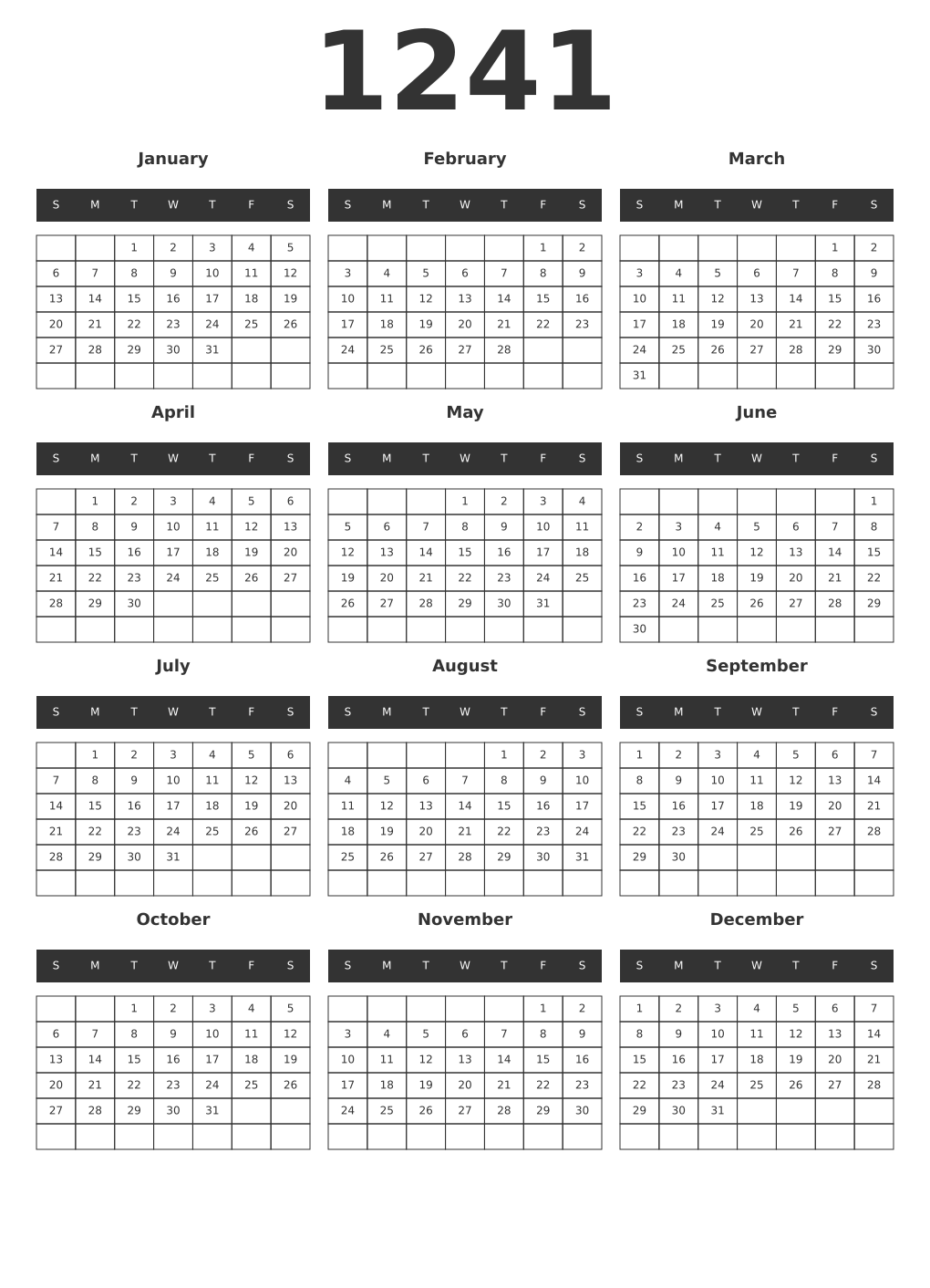 Printable 1241 Year Calendars dark