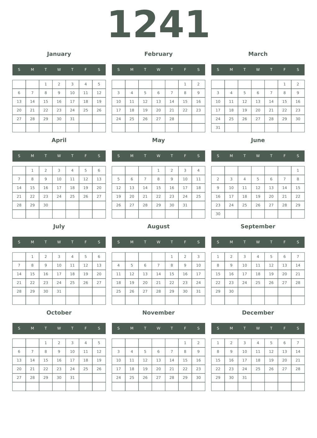 Printable 1241 Year Calendars feldgrau