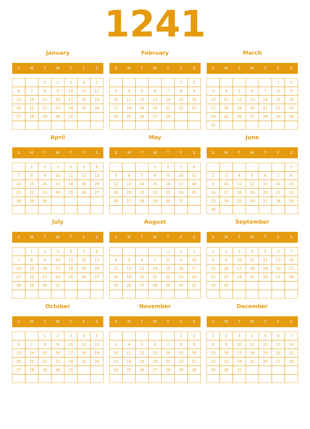 Printable 1241 Year Calendars gamboge