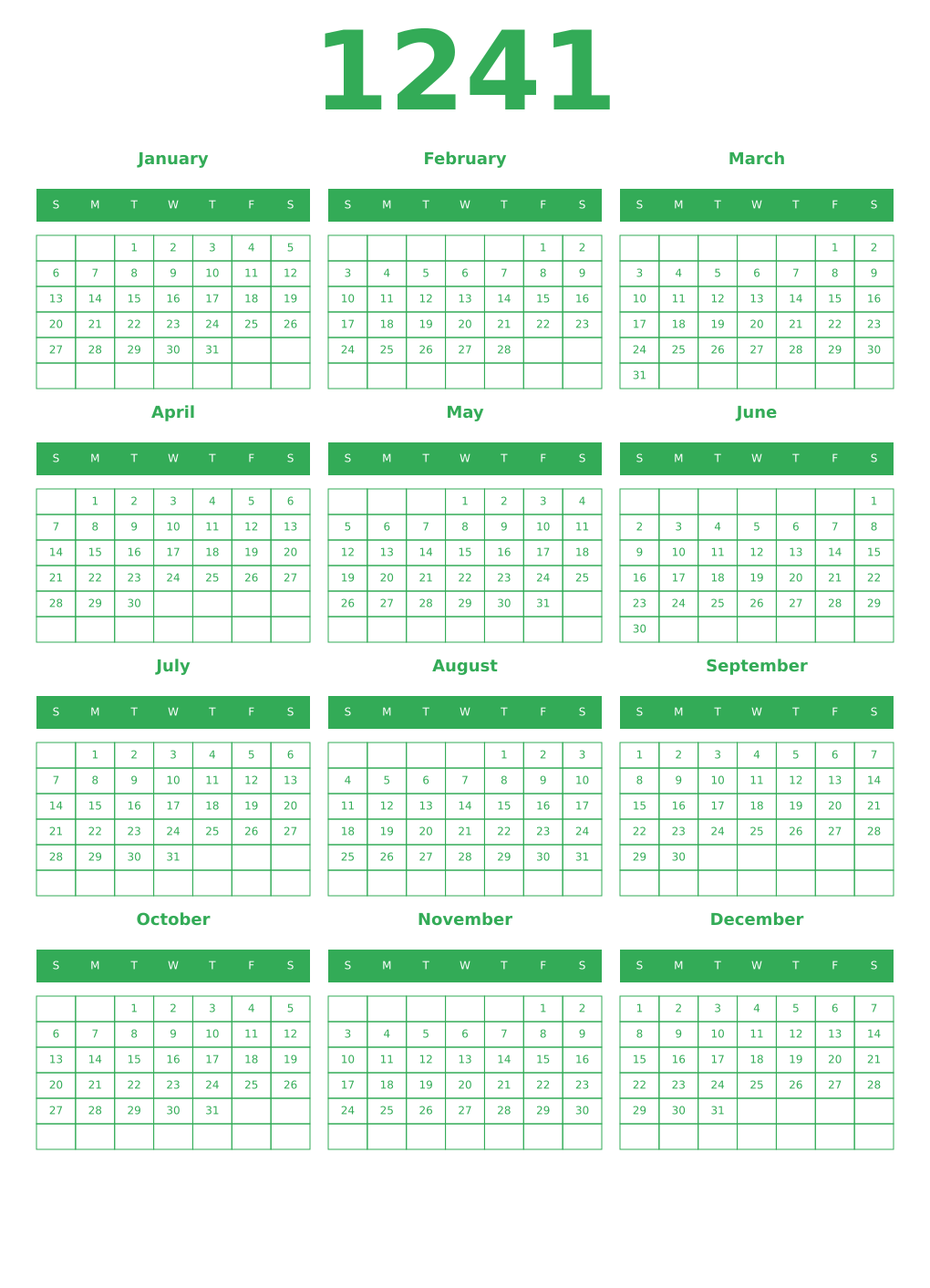 Printable 1241 Year Calendars green
