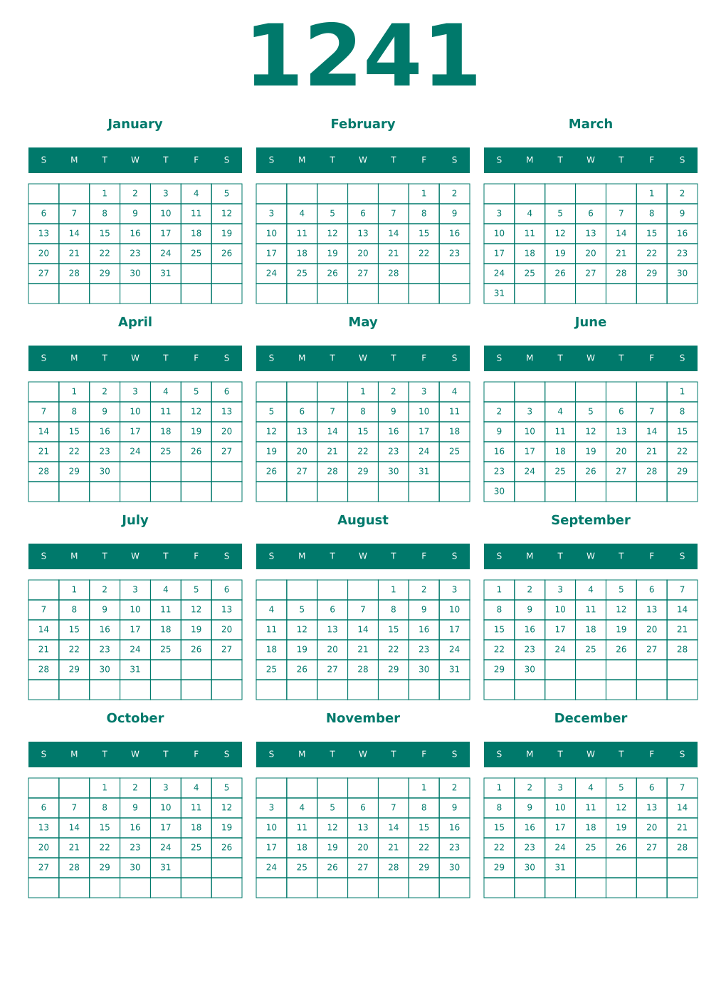 Printable 1241 Year Calendars pastel