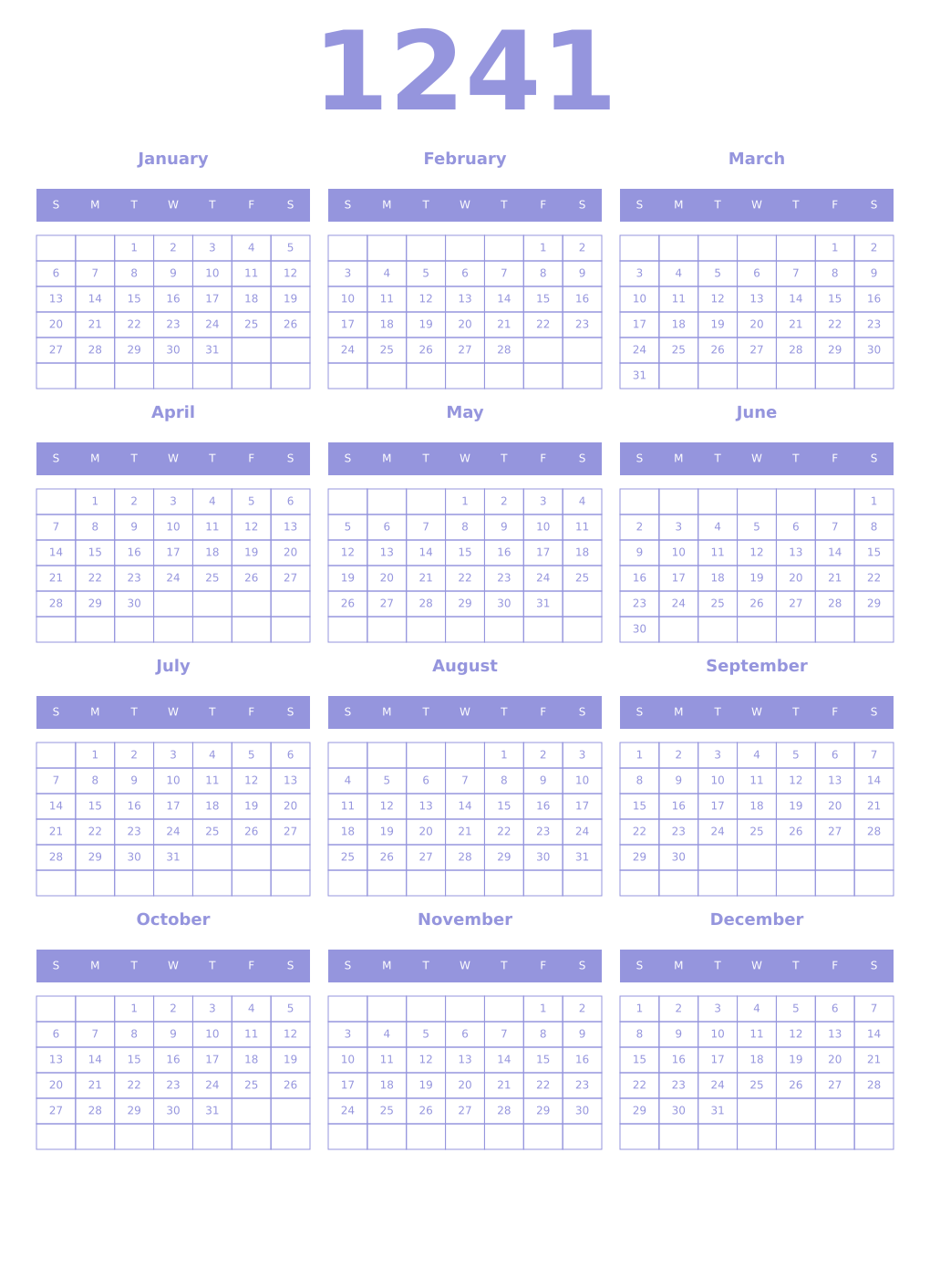 Printable 1241 Year Calendars periwinkle