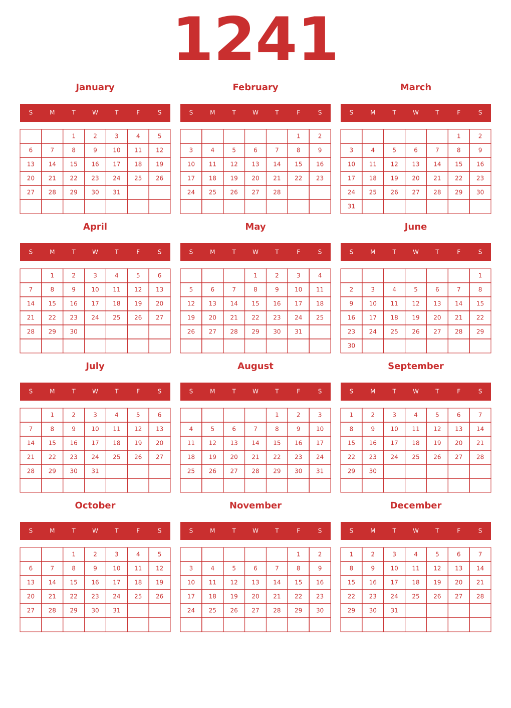 Printable 1241 Year Calendars red