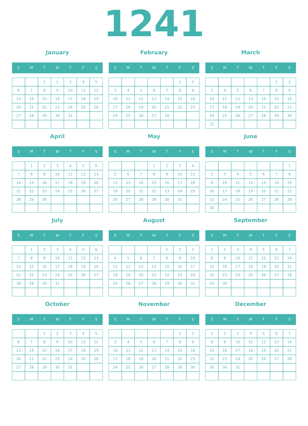 Printable 1241 Year Calendars verdigris