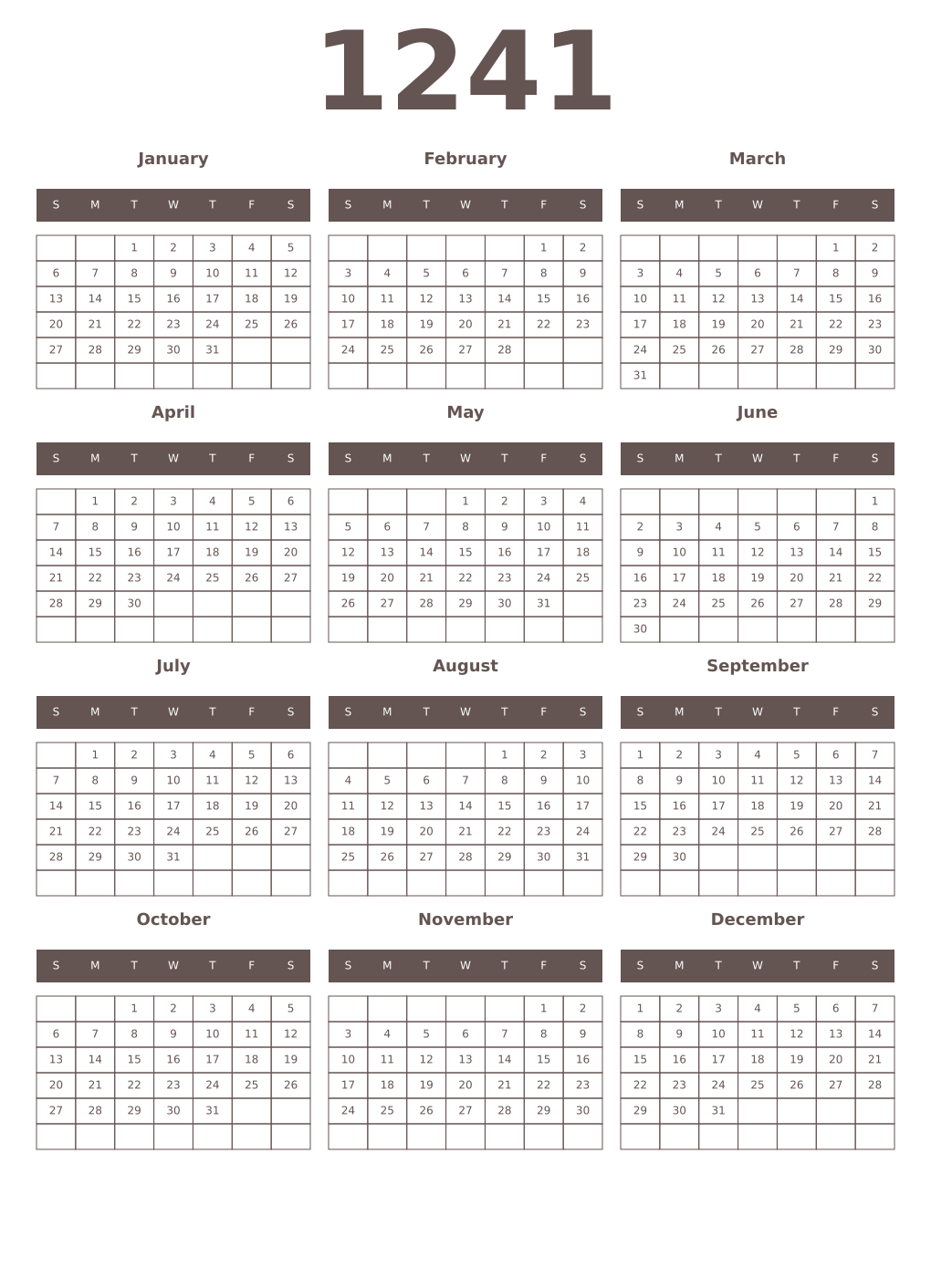 Printable 1241 Year Calendars wenge