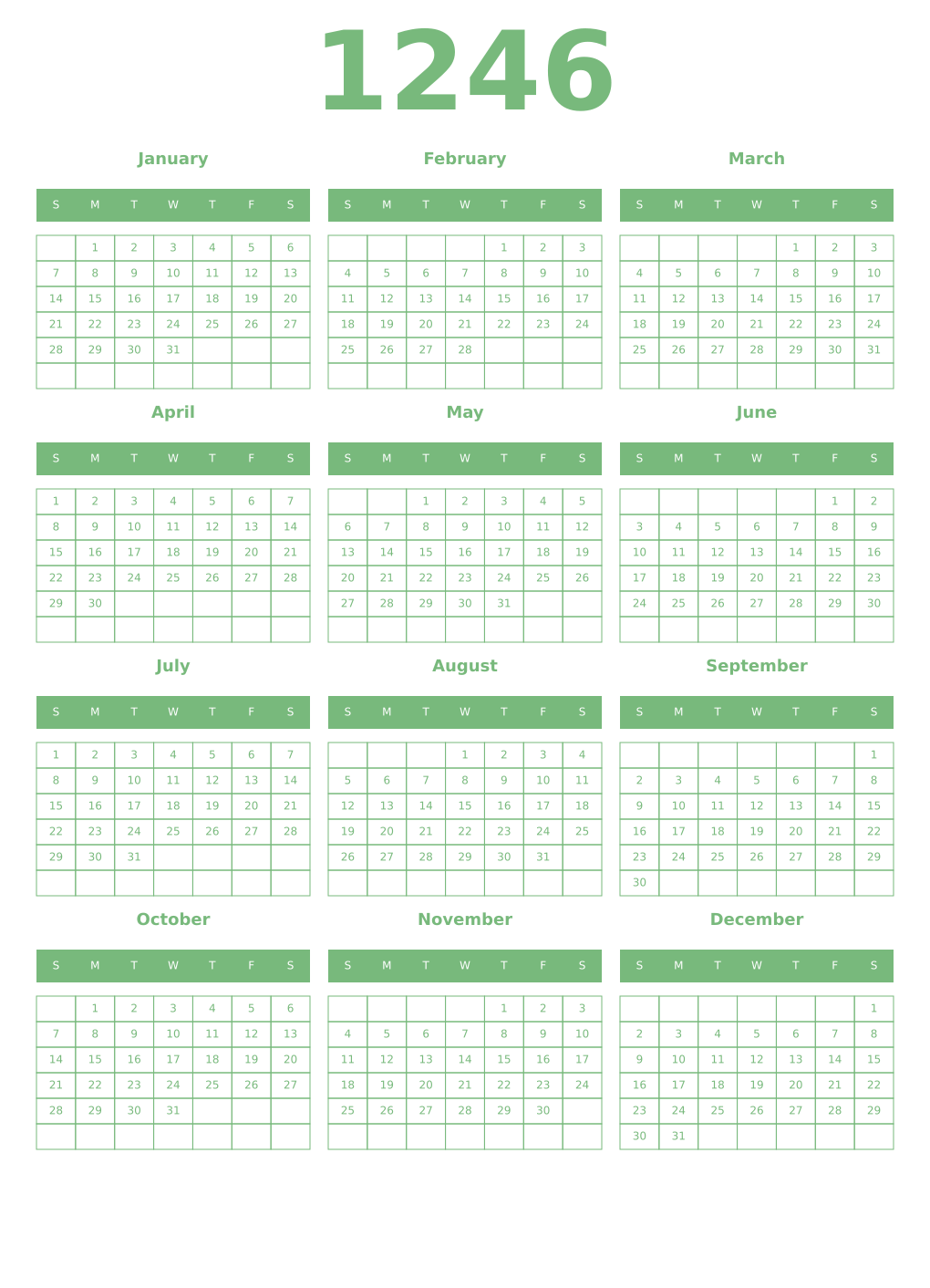Printable 1246 Year Calendars celadon